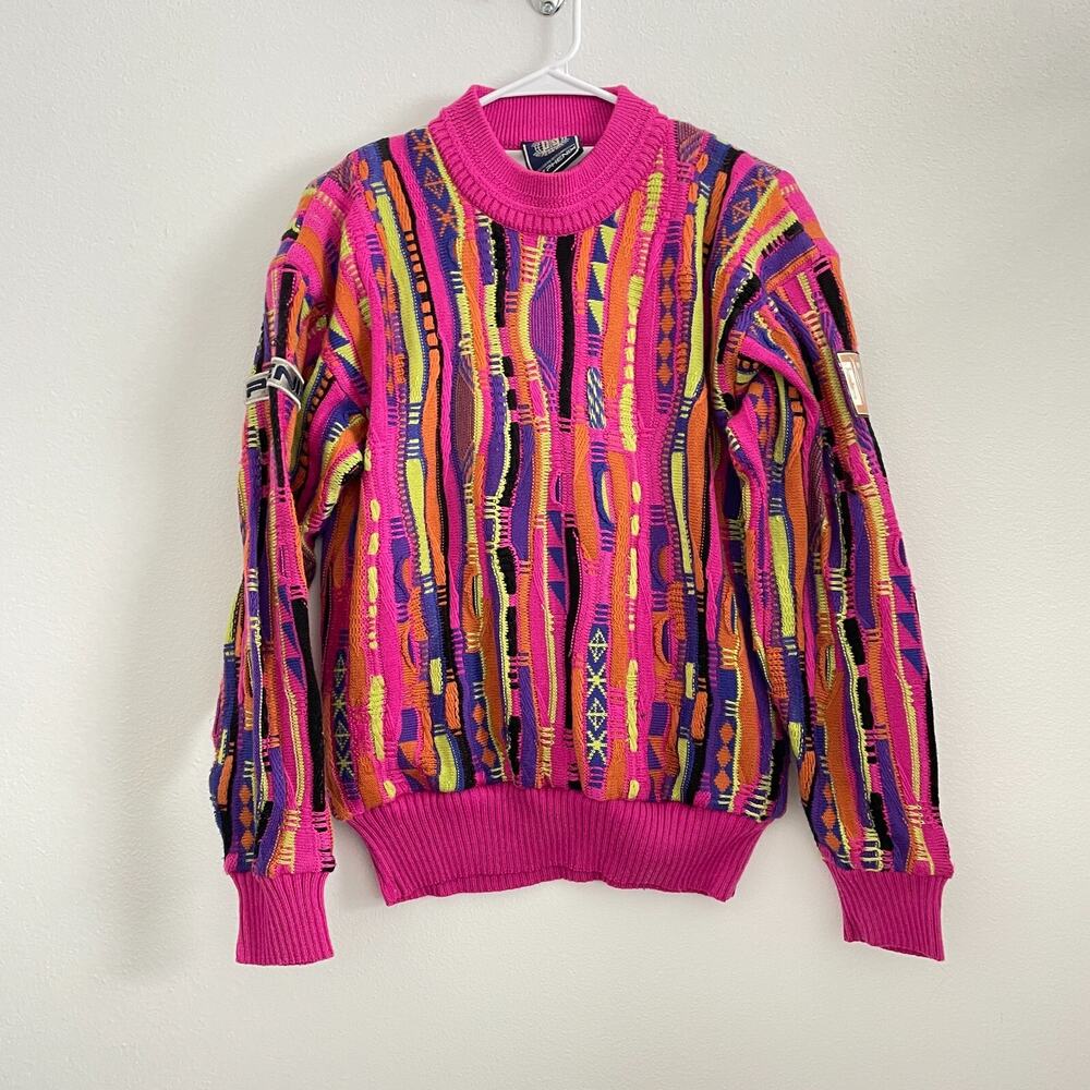Vintage 80s 90s 3D Knit Sweater Women S Pink Hip Hop Stretch Retro Phenix Ski